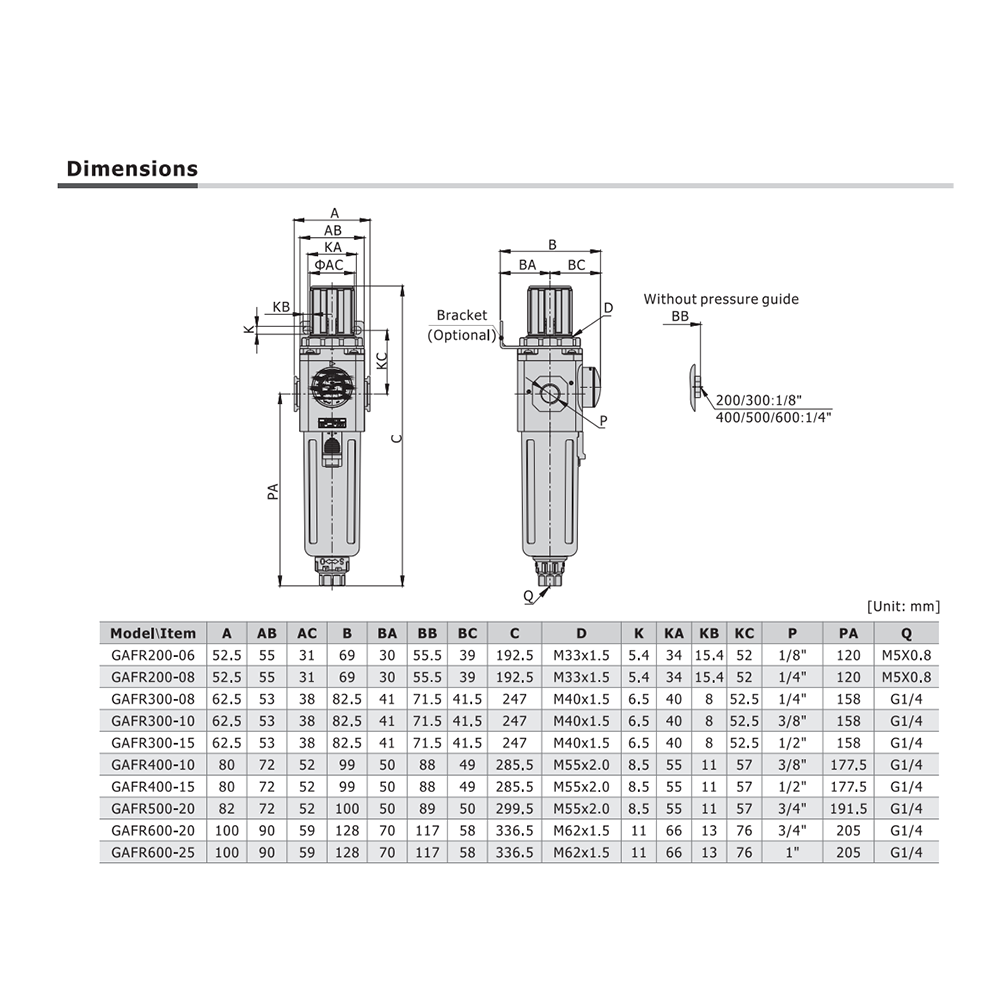 GAFR600C25ASNWTK AIRTAC PARTICULATE FILTER/REGULATOR GAFR600 SERIES 1" NPT 20-130 PSI 5 MIC W/AD GA BP VLV MNT BRK